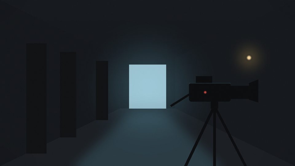 Camera on a tripod facing a bright doorway at the end of a dark corridor