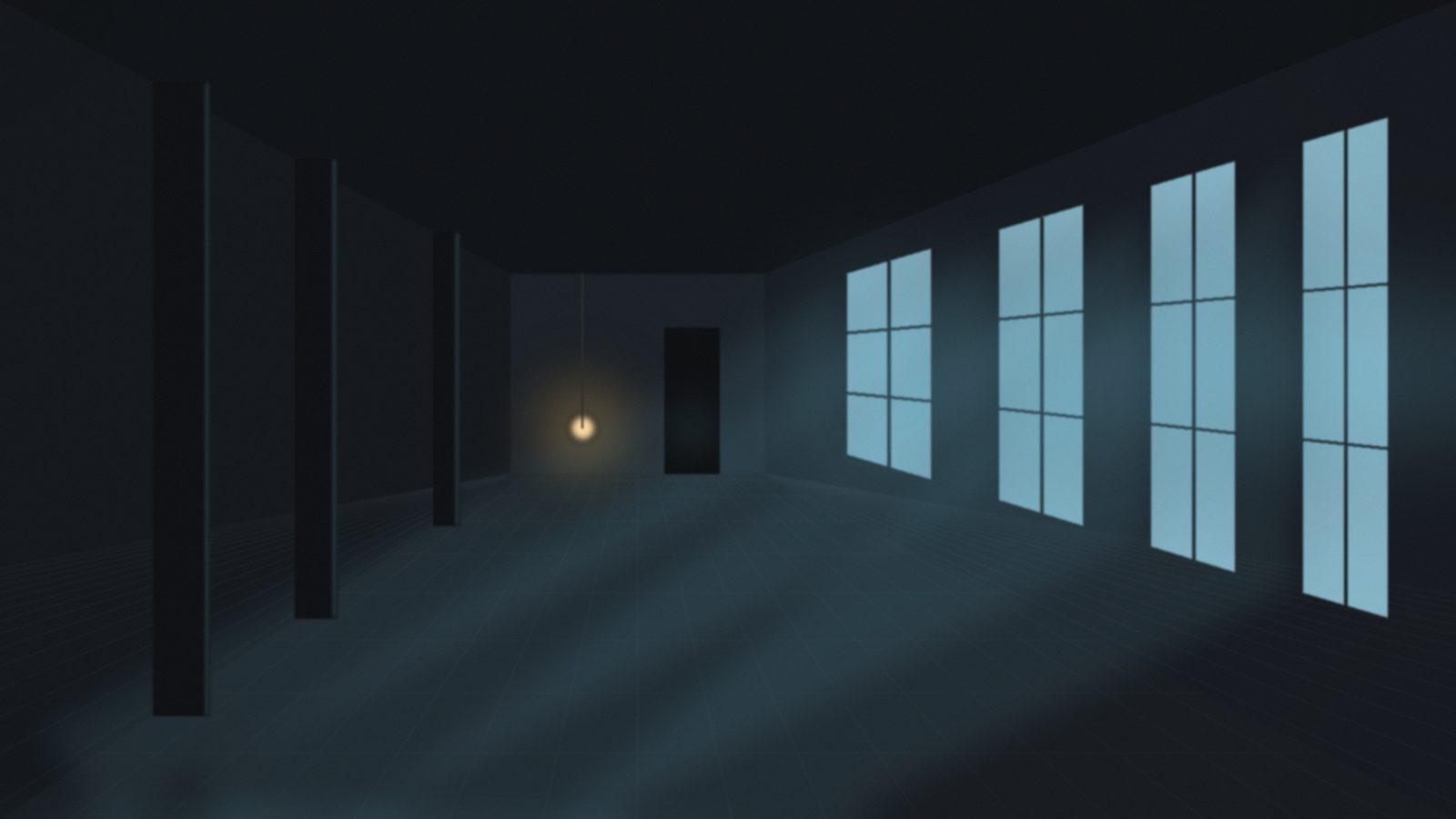 Dark hall with tall windows letting cold daylight fall across the floor